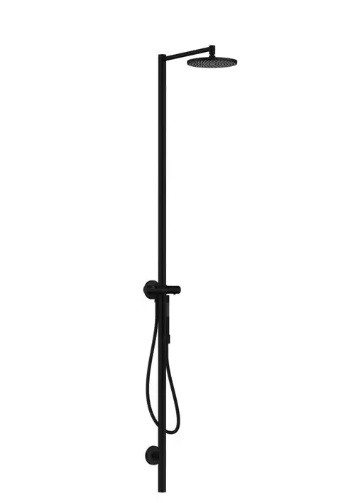 Schwarze Duschsäule von AXOR mit Thermostat und Kopfbrause, ausgestattet mit einem flexiblen Duschschlauch und Wandhalterung, für die Montage in Badezimmern geeignet.